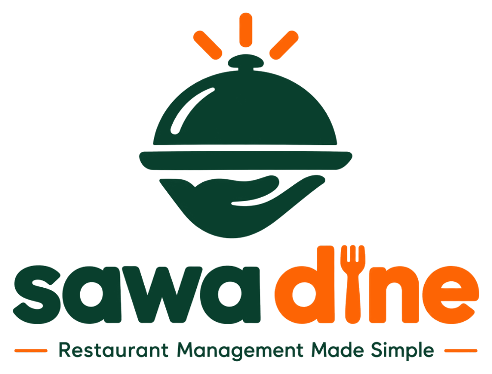 SawaDine logo: a served cloche with the words sawa dine and the tagline Restaurant Management Made Simple