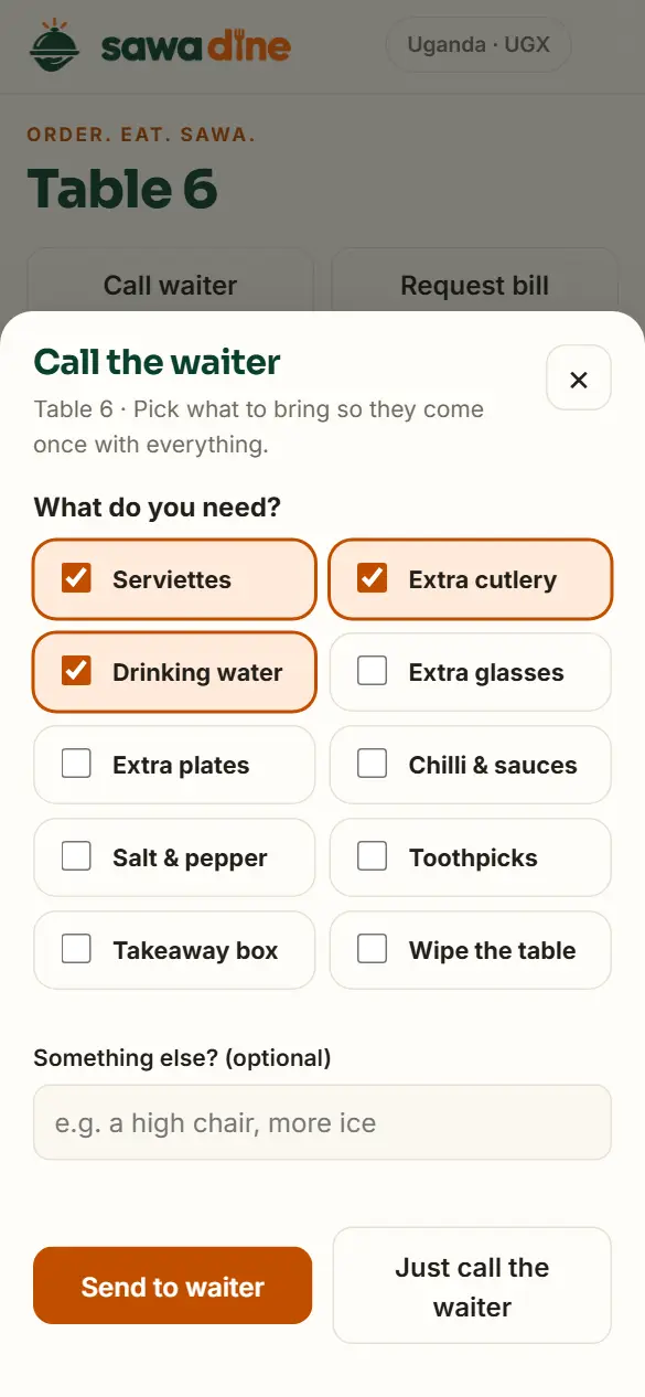 Call the waiter screen on a phone with Serviettes, Extra cutlery and Drinking water ticked