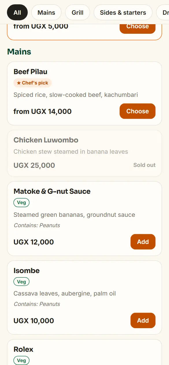 SawaDine menu on a phone with Chicken Luwombo greyed out and marked Sold out